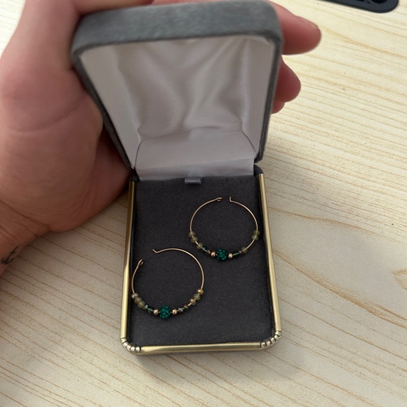 Gold Hoop Earrings with Green Beads - Picture 2 of 2